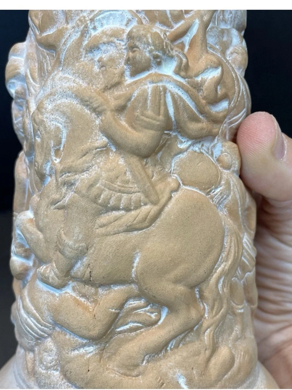 Italian Terracotta Vase Roman Gladiator  Relief Carving White Powder Patina